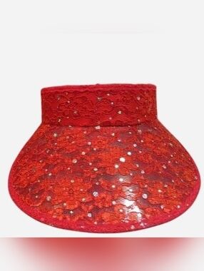 Red Lace Sun Visor Hat with Sparkle Accents